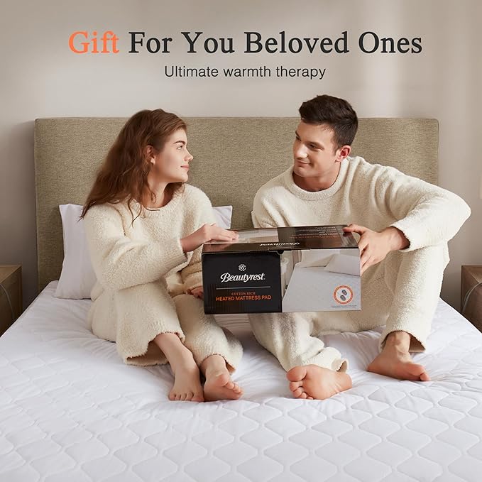 Beautyrest Cotton Blend Heated Mattress Pad Secure Comfort Technology - Luxury Quilted Electric Mattress Pad with Deep Pocket - 5-Setting Heat Controllers, Full, White