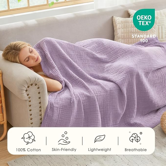 EMME Cotton Throw Blanket for Couch Soft Muslin Blankets 50"x60" Lightweight Breathable Blanket All Season Gauze Blanket, Lavender