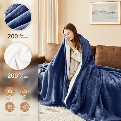 Homemate Electric Heated Blanket Twin - 62"x84" Heating Bed Blankets Throw with 10 Heating Levels 8 Hours Auto Off Fast Heating Over-Heated Protection Ultra Soft Warm Flannel ETL Certified Navy Blue