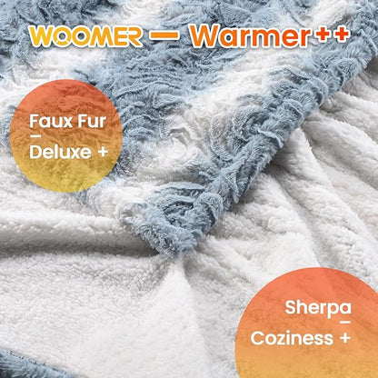 WOOMER Heated Blanket Throw 50" x 60", Electric Blanket Throw with 4 Heating Levels & 4H Auto Off, ETL Certified, Blue White Flowers Patterns Faux Fur & Sherpa, Machine Washable