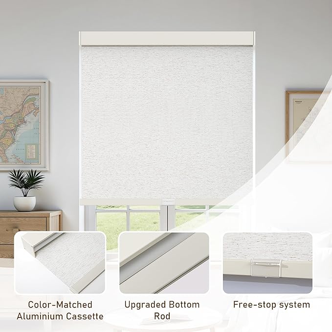 AOSKY Linen Roller Blinds Shades for Indoor Windows Pull Down Cordless Blackout Black Out Window Shade 30 inch Blinds for Home Linen