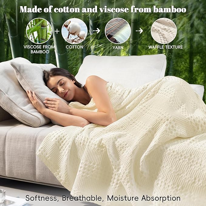 PHF Cooling Waffle Blanket California King Size, Lightweight 60% Rayon Derived from Bamboo & 40% Cotton Breathable Blanket for Hot Sleepers, Soft and Luxury for Bed Couch and Sofa, 110"x96", Linen