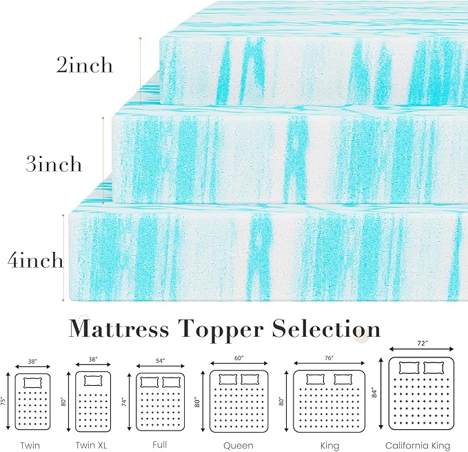 DUMOS Memory Foam Mattress Topper King, 2 Inch Thick Gel Infused Bed Toppers for King Size Bed, Soft Mattress Pads for Sleeper Sofa, RV, Camper, CertiPUR-US Certified, Blue