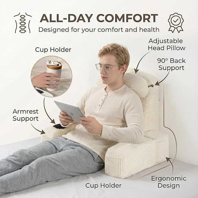 AS AWESLING Reading Pillow for Adults, Back Pillow for Bed Sitting Up, Backrest Pillow for Sitting in Bed, Detachable Arms with Built-in Cup & Phone Caddy (Beige-Corduroy, 21 INCH)
