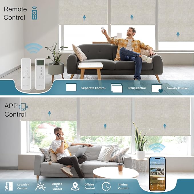Motorized Roller Shade,100% Blackout Smart Window Blinds Work with Homekit, Alexa, Google Home, Remote Control, Electric Blinds with USB/Solar Pannel,Custom up110''Wx120''H,Texture Cream
