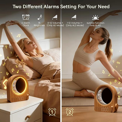 Sunrise Alarm Clocks with Dimmable Moon Lamp, 2 Alarm Clocks with 12Levels Volume for Heavy Sleepers, 10 Natural Sounds with 30/60/90mins Timer for Bedrooms, Gifts for Women (Brown Woodgrain)