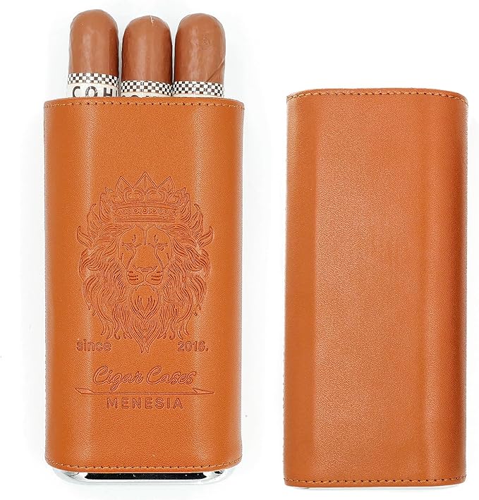 Brown Cigar Case with Cutter - Portable Leather Travel Cigar Holder and Pouch Kit for Men