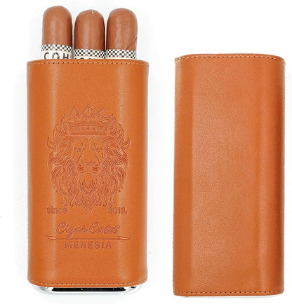 Brown Cigar Case with Cutter - Portable Leather Travel Cigar Holder and Pouch Kit for Men