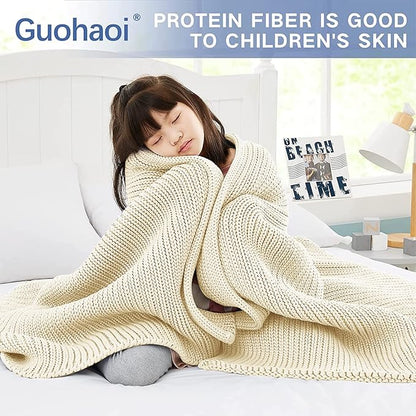 Guohaoi Knitted Weighted Blanket for Adults (Cream 48"x72" 10lbs) No Beads Cooling Throw Blanket for Hot Sleepers, Home Decor Breathable Chunky Knit Heavy Blanket Use on Full Size Bed