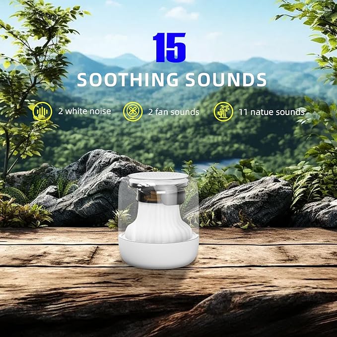 Portable Mini White Noise Machine with 15 Soothing Sounds Color Lights Sleep Timer Memory Function and Child Lock Easy to Pocket and Travel for Baby Kid Adult (White)