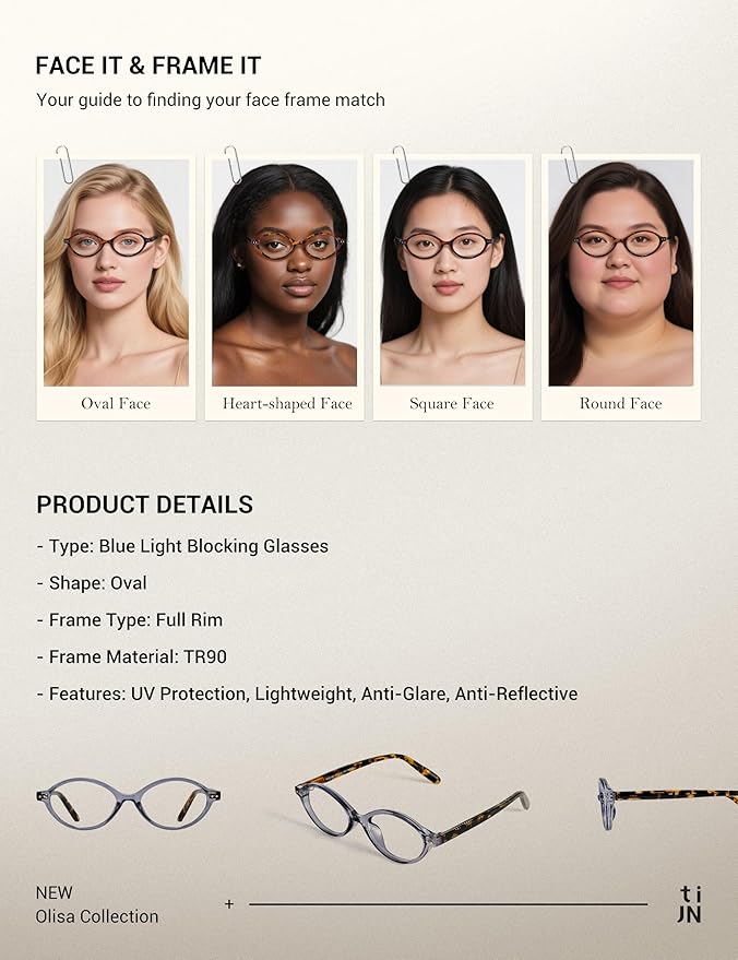 TIJN Olisa Blue Light Blocking Glasses for Women Men,Oval Glasses Frame Bluelight Glasses for Gaming/Computer/Screen
