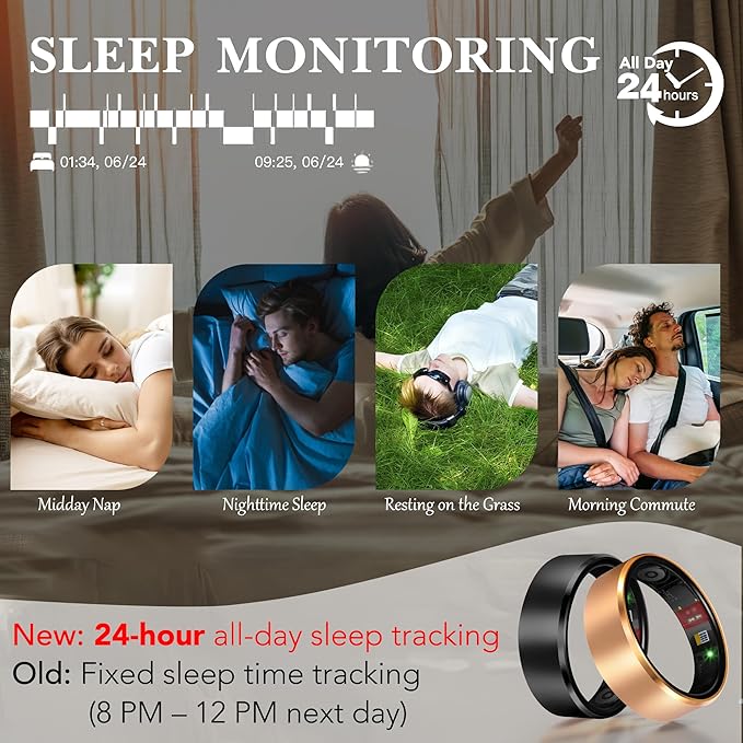 Smart Health Ring 2.0 for Women Men, Slim Scratch & Fingerprint Resistant Design, Efficient Chip Fitness Tracker, Monitors Heart, Blood Oxygen & Pressure, Sleep, Steps, Waterproof, Black 11
