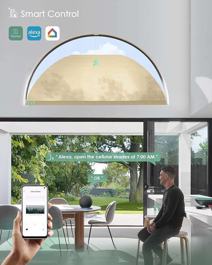 Yoolax Smart Cellular Shades, Motorized Arch Window Honeycomb Blinds Motorized Blinds with Remote Compatible with Alexa, Customized Arched Cellular Shades (Half Shading Light Coffee)