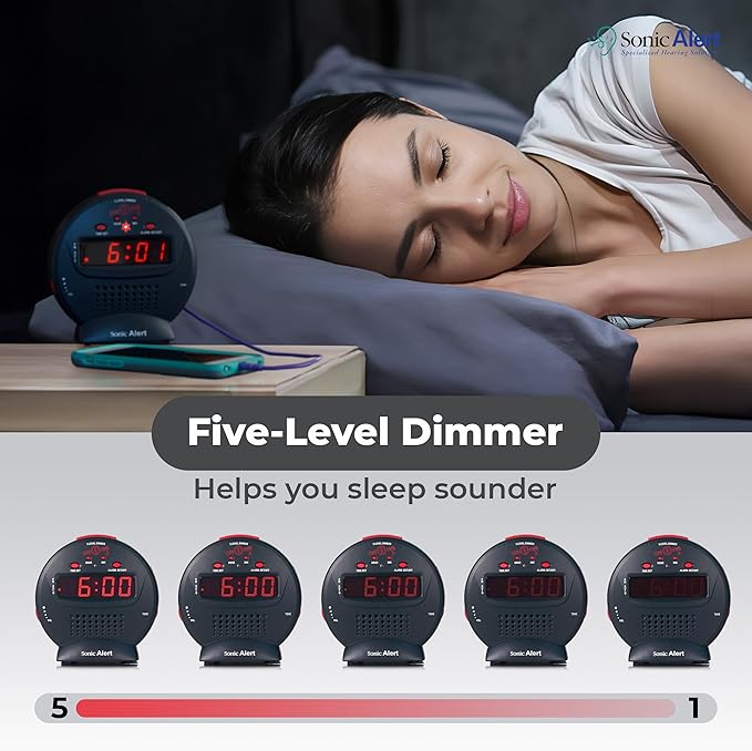 Sonic Alert Small Digital Alarm Clock with Battery Backup, Snooze, Full Range Brightness Dimmer, Outlet Powered Compact Clock for Bedrooms, Desk, Bedside, Simple to Operate (Black)