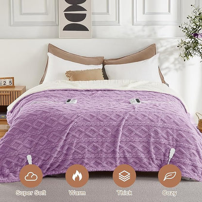 CAROMIO Electric Blanket King Size Dual Control - Thick Tufted Sherpa Heated Blanket King with 10 Heating Levels and 10 Time Settings, ETL Certified Fast Heating Blanket King Size 90"×100", Purple