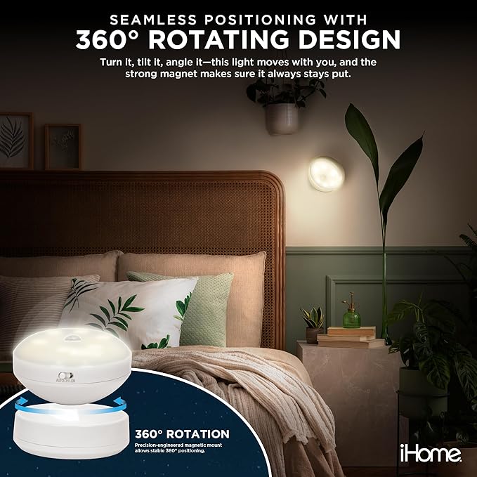 iHome 360° Rotating Motion Sensor Puck Light, Auto Mode & Always On Mode, Magnetic Detachable Base, Warm 4000K Glow, Batteries Included, Versatile Mounting, Perfect for Home Decor
