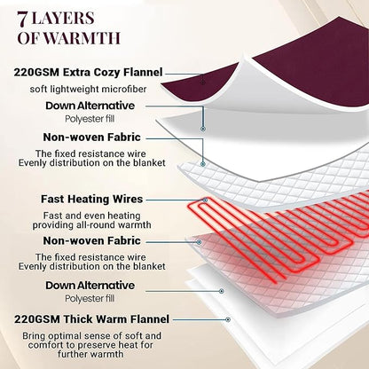 Thermee Micro Flannel Blanket Full Size Heated Blanket with 10 Settings, Programable Heating Blanket, Luxuriously Soft Heated Throw Blanket, Rapid Heating Thermal Blanket, Warm Blanket - Burgundy