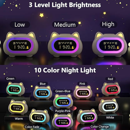 Alarm Clock for Kids, Ok to Wake Clock for Kids with Eye Protection Sleep Training Auto Off Feature 10 Night Light Dual Alarm, Kids Alarm Clock Cute Cat Gifts for Girls