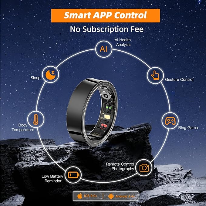 Smart Ring for Women Men, Fitness Tracker Ring with Body Temperature, Heart Rate, Blood Oxygen, Sleep Monitor, Calories, No Subscription Fee, IP68 Waterproof for iPhone & Android (Black, #11)