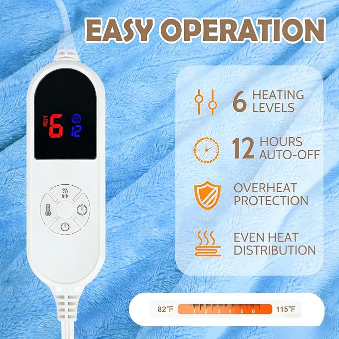 Wearable Heated Blanket with Foot Pocket, 52"x72" Electric Blanket with Sleeves for 12 Hours Timer, 6 Heat Settings, Flannel & Sherpa, Blue