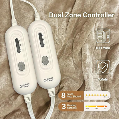 Tefici Electric Heated Blanket Queen Size, Dual Control Super Cozy Soft 2-Layer Flannel 84" x90" Heating Blanket with 3 Heat Levels & 8 Hours Auto Off,ETL&FCC Certified,Home Office Use,Camel