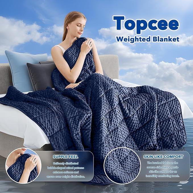 Topcee Weighted Blanket for Adults (15lbs 48"x72"), Minky Dots Heavy Blanket for 140-160lbs Sleeping, Soft, Cozy and Cooling Weighted Throw Blankets, Machine Washable, Blue