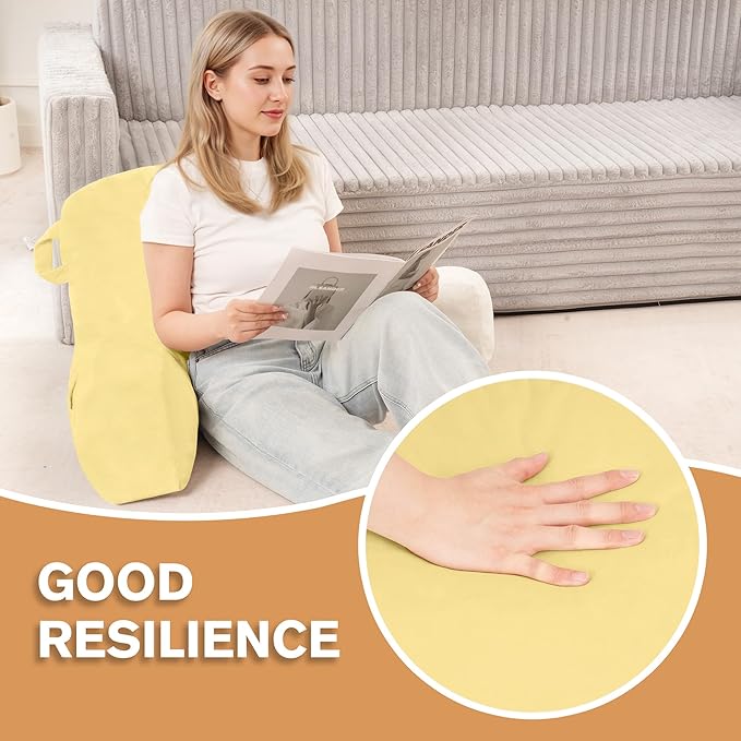 Portable Comfy Reading Pillows for Bed Sitting Up(Yellow Oeko-Tex), Velvet Back Pillow with Arms & Pockets for Adults, Support Memory Foam Bed Pillow for Dorm/Reading/Watching/Gaming