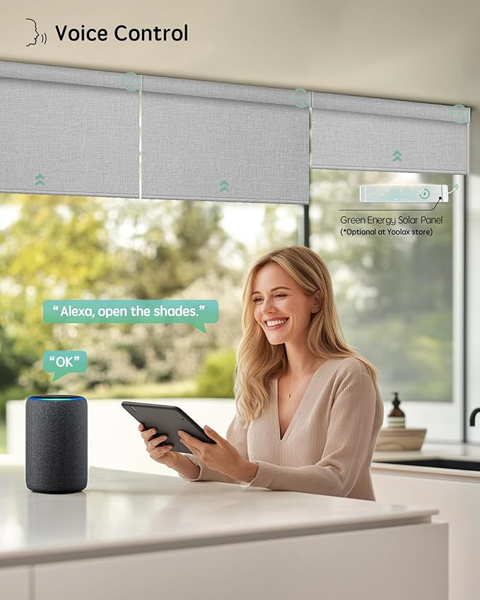 Yoolax Motorized Blinds with Remote, Smart Blinds for Windows Blackout Automatic Shades Compatible with Alexa Remote Control Roller Window Shades with Valance, Custom Size (V-Foggy White)