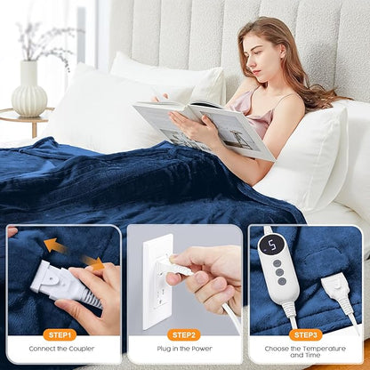 HYLEORY Heated Electric Blanket Throw, 2-Layer Cozy Warm Flannel 62" x 84", Heating Blanket with 9 Heating Levels, 2/4/6/10 Hours Auto Off, Fast Heating Winter Blanket, Navy Blue