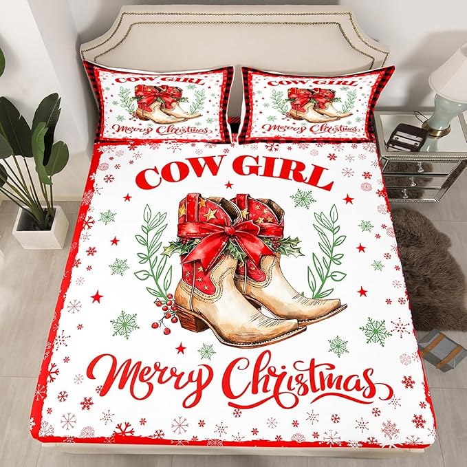 Christmas Cowgirl Fitted Sheet Set with 2 Pillowcase,Western Tribal Boots Red Bowknot Bow Microfiber Mattress Cover,Xmas Snowflake Red Black Plaids Patchwork Bed Cover Queen Size
