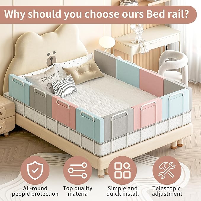 Bed Rail Bumpers for Toddlers, Foam Padded Bed Rail for Kids Safety, Bed Side Guard Rails for Old Dogs, Bunk, Twin, Queen & King, Full Size Beds（Gray, 2 Packs）