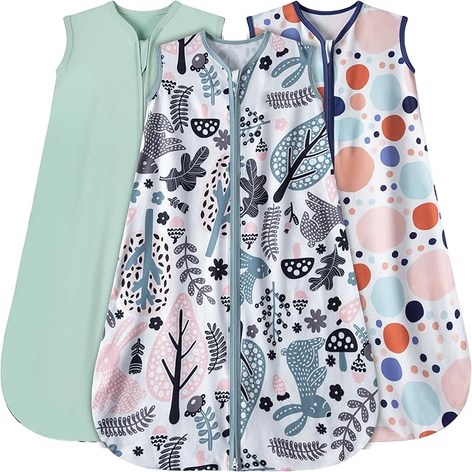 Baby Sleep Sack 6-12 Months 3 Pack Baby Wearable Blanket 100% Rayon Cotton 2-Way Zipper Toddler Sleeping Sack .Comfy Soft Lightweight TOG 0.3 (Rabbit&Rocks&Green,)