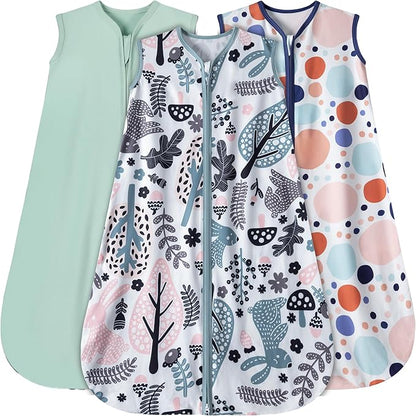 Baby Sleep Sack 6-12 Months 3 Pack Baby Wearable Blanket 100% Rayon Cotton 2-Way Zipper Toddler Sleeping Sack .Comfy Soft Lightweight TOG 0.3 (Rabbit&Rocks&Green,)