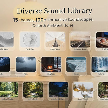 TimeVocalist White Noise Machine & Alarm Clock: Dynamic Sound Mixing, Ambient and Color Noises, Custom Soundscapes, App Control, Multiple Alarms, Sleep Training, 100 Volume Levels, Built in Battery