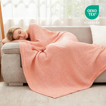 EMME Muslin and Cotton Twin Blankets for Couch Breathable Gauze Blanket All Season Soft and Lightweight Pre-Washed Cotton Blanket (Pink, 60"x80")