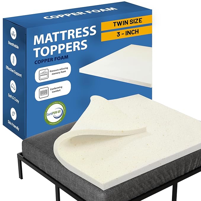 Greaton, 3-Inch Copper-Infused Memory Foam Mattress Toppers, Cooling and Pressure Relieving with Airflow Design, Twin, Beige