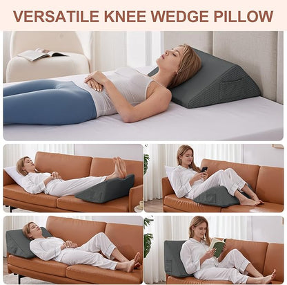 Knee Wedge Pillow, Memory Foam Leg Pillow Bed Wedge for Sleeping, Post Surgery Triangle Pillow Wedge for Knee Support, Leg Elevation, Knees Hip Back Pain Relief (23.6" x 23" x 7.9", Large Size, Black)