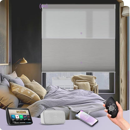 Graywind Motorized Day Night Cellular Shades with Remote, Smart Honeycomb Blinds Compatible with Alexa & Google Home, Custom Size Blackout/Privacy for Bedroom, Living Room & Home Office, Grey