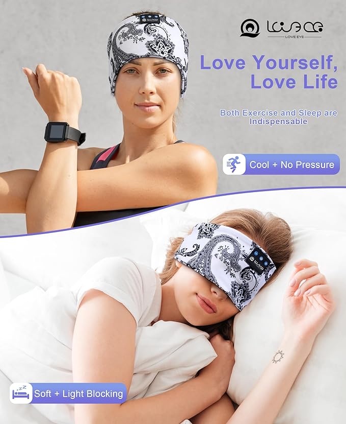 LOVE EYE Sleep Headphones Wireless Headband Headphones Bluetooth 5.4 for Side Sleeper Bluetooth Headband Earphones for Sports for tech Gadgets Gifts (Flower White)