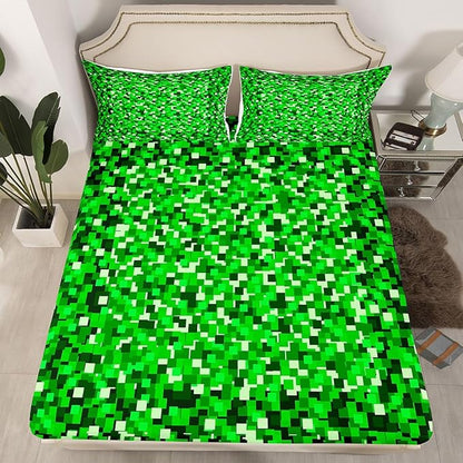 Pixelated Blocks Kids Queen Size Fitted Sheet,Patchwork Square Video Games Room Decor,Abstract Geometric Grid Boys Girls Bed Sheets,Green Bedding Set,2 Pillowcases(No Flat)