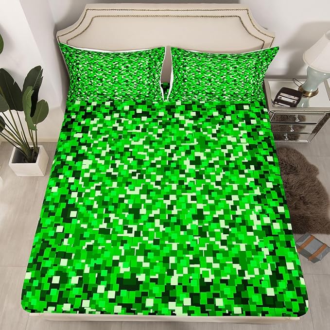 Pixel Check Kids Full Size Fitted Sheet,Video Games Geometric Lattice Boys Girls Bed Sheets,Game Cartoon Gamepad Room Decor,Green Bedding Set,2 Pillowcases(No Flat)