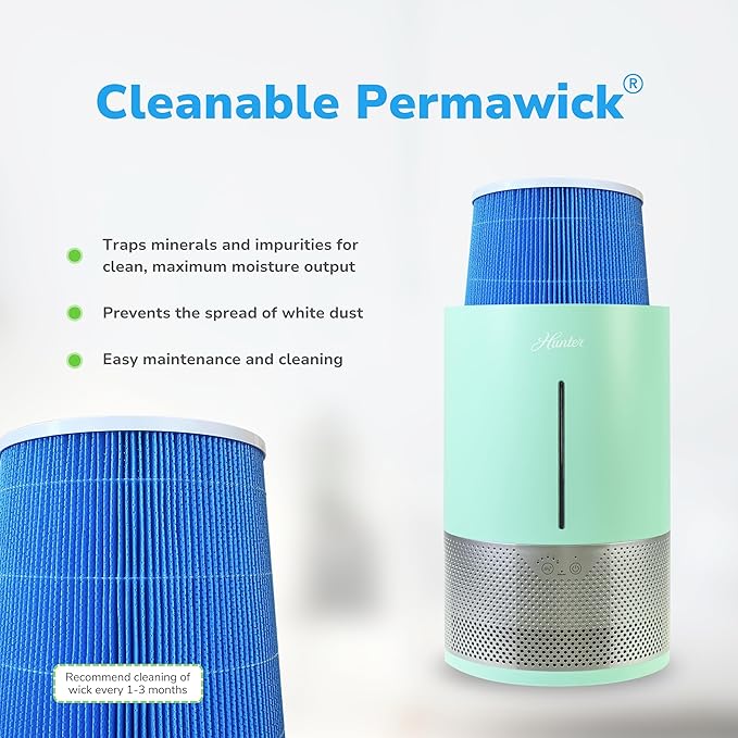 HHE150 Hunter Aspire 4.8L Evaporative Humidifier with PermaWick Filter (4.8L) - Remove Contaminants & White Dust for Clean Mist & Air – Medium Humidifier for Home, Bedroom, or Dorm - Aqua