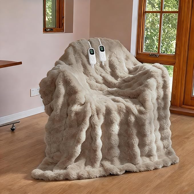 IUUI Electric Heated Blanket King 90''x100'',Luxury Faux Rabbit Fur Heating Throw Blankets,Fast Heating with 1/2/4/6/8/10 Hours,Overheat Protection, Quick Heating, Memory Function, Gift-Ready Design