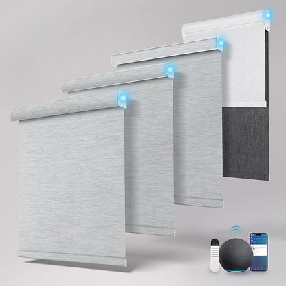 Motorized Blinds with Remote,Blackout Smart Roller Shades with App,Voice Control,Jacquard Fabric,Thermal Insulated Automatic Blinds,Electric Shades with USB/Solar Pannel.Jacquard Blue Grey