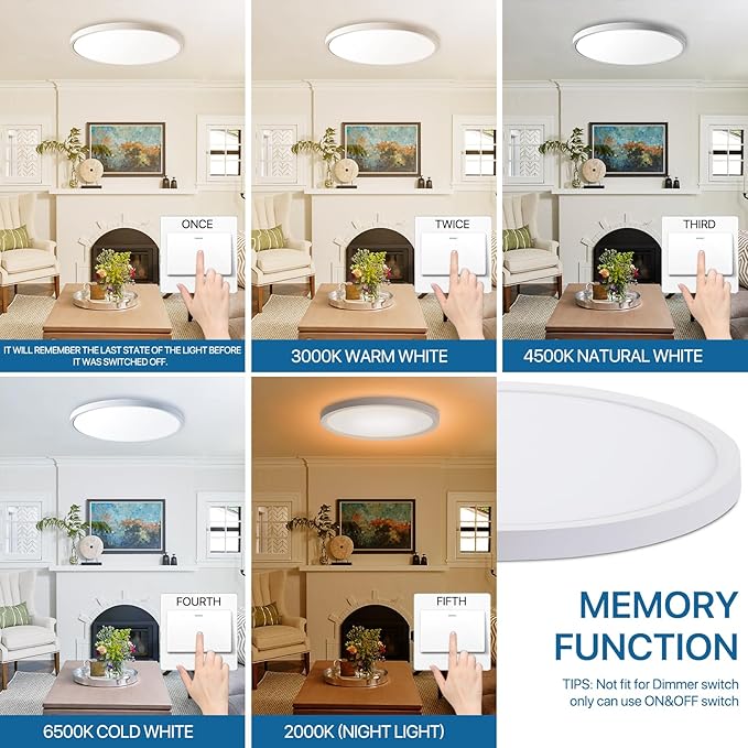 Dimmable LED Flush Mount Ceiling Light Fixture with Remote Control, 24W 2400LM, 12Inch, 2000K Warm Night Light & 3000K-6500K, Modern Super Slim Ceiling Lamp for Bedroom Kitchen, White, 1 Pack