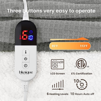 Heated Blanket Electric Blanket Twin Waffle, 62x84 Inches Sherpa Fleece Fast Heating Blanket 6 Heating Levels & 10 Hours Auto Off ETL Certification, Grey Twin