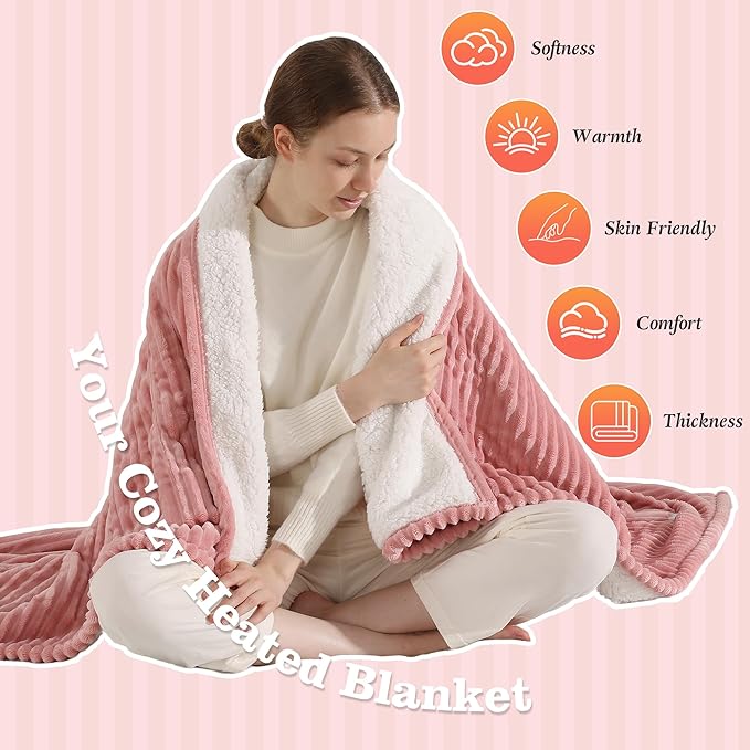 Pink Heated Blanket Twin Size Electric Blanket - 62x84'' Electric Heating Blanket with ETL and FCC Certification, Washable Heated Blanket for Office, Flannel & Sherpa, House Warming Gifts New Home