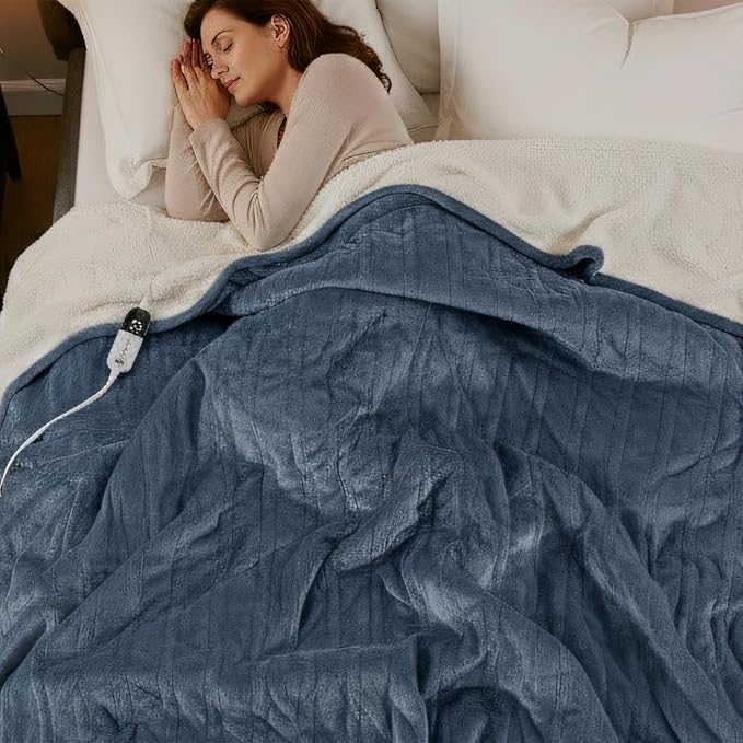 Degrees of Comfort Electric Throw Blanket Full Size - Soft Sherpa Heating Blankets with 6 Heat Settings, 10-Hour Auto Shut-Off, Overheat Protection, Etl Certified (Blue, 72x84 '' for Winter)