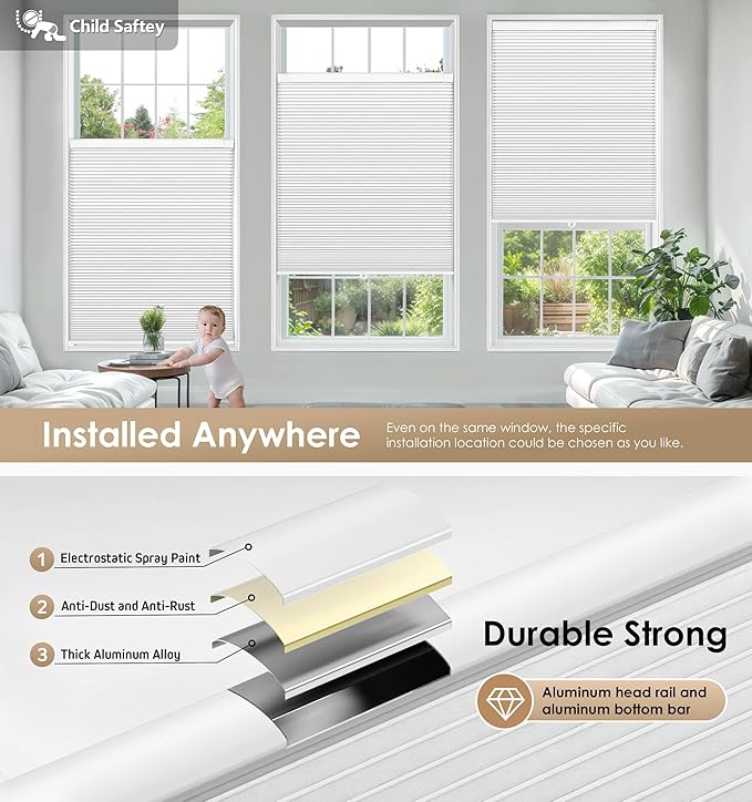 LazBlinds No Tools No Drill Cordless Cellular Shades, Blackout Light Blocking Honeycomb Shades for Home, Thermal Insulation Blinds for Windows, 37.5" W x 72" H, White
