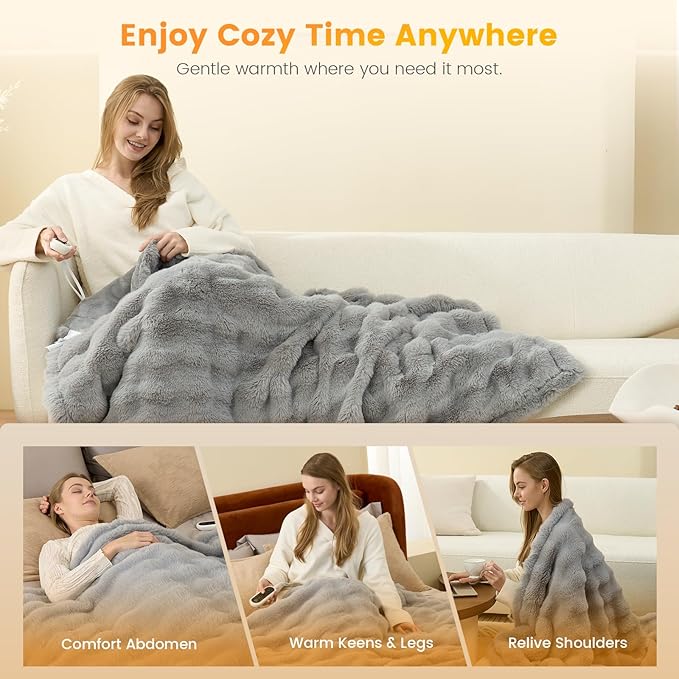 Amélie Home Heated Bubble Faux Fur Blanket Electric - 50"x60" Heating Blanket Throw 2/4/6/8 Hours Auto-Off 8 Heat Level Over-Heat Protection Electric ETL Certification Grey